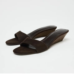 Brown suede wedge heel slide sandals with open toe