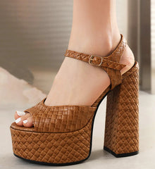 Brown woven platform ankle strap sandals styled for city outfits
