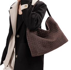 Woven-texture shoulder tote bag in a softly structured bucket shape