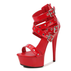 Glossy rivet-detailed sandals with buckle straps