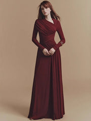 Burgundy floor-length evening dress with asymmetrical neckline and shirring