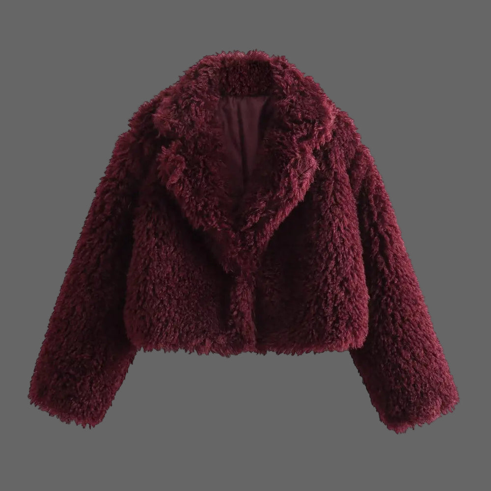 Burgundy faux fur button jacket for cozy office layering