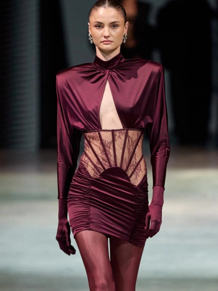 Burgundy mesh corset mini dress with lace panels for club nights