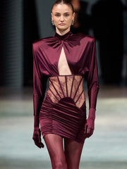 Burgundy mesh corset mini dress with lace panels for club nights