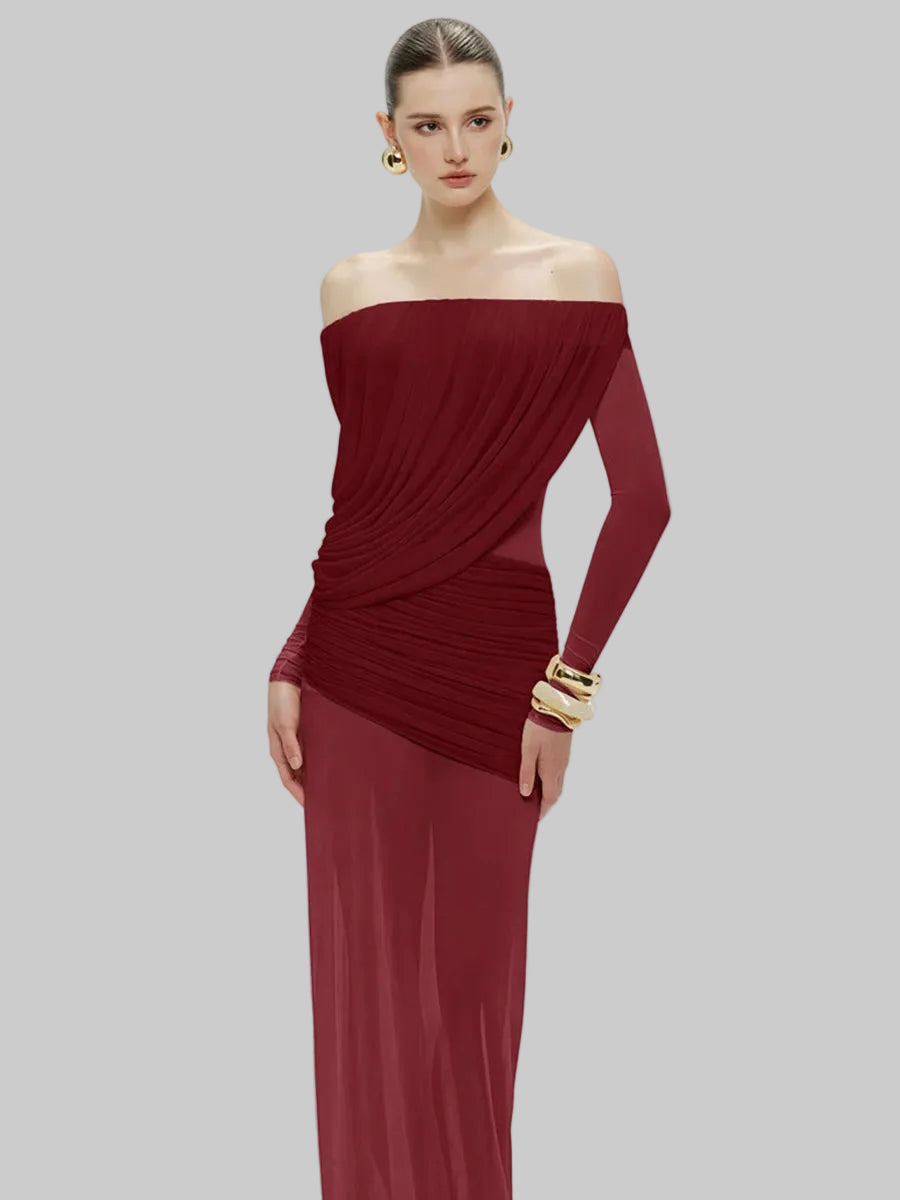 Off-shoulder floor-length gown with sculpted draping and long sleeves