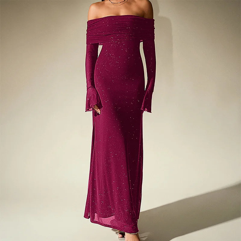Off-shoulder sequin mesh maxi dress with long flared sleeves