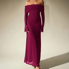 Off-shoulder sequin mesh maxi dress with long flared sleeves