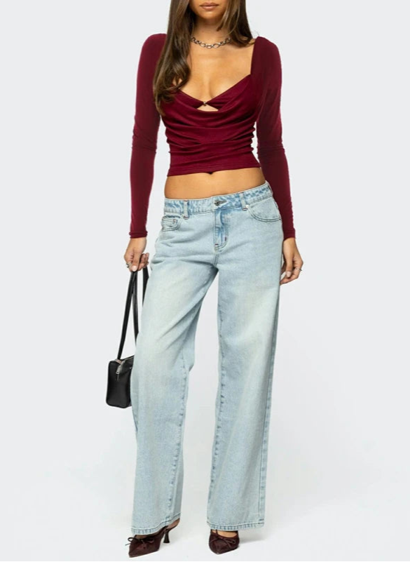 Burgundy ruched crop top with square neck styled for casual outfits