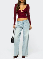 Burgundy ruched crop top with square neck styled for casual outfits