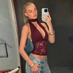 Burgundy sheer lace halter crop top with V-neck front