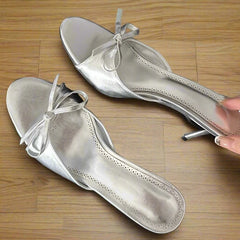 Butterfly knot design silver low heel sandals