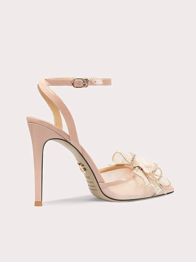 Butterfly knot party sandals in beige mesh with sparkling bow detail