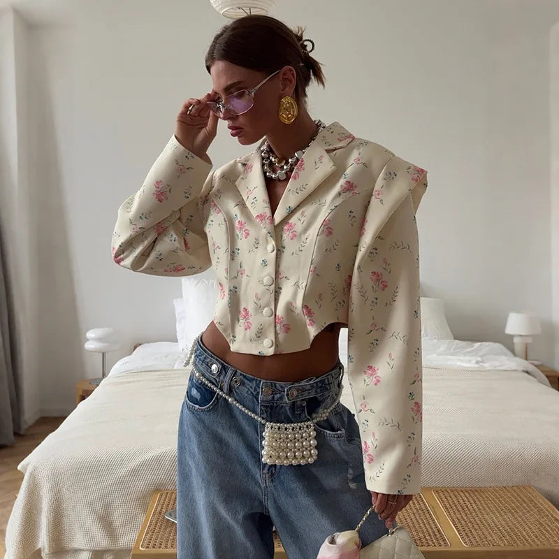 Button detail floral casual jacket paired with blue high waist jeans