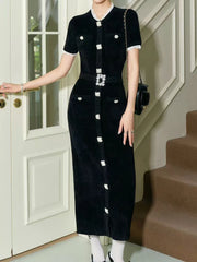 Elegant embellished knit dress with mid-calf hem