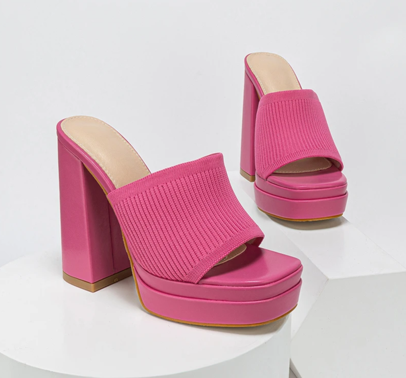 Pink platform chunky heel mules with open toe