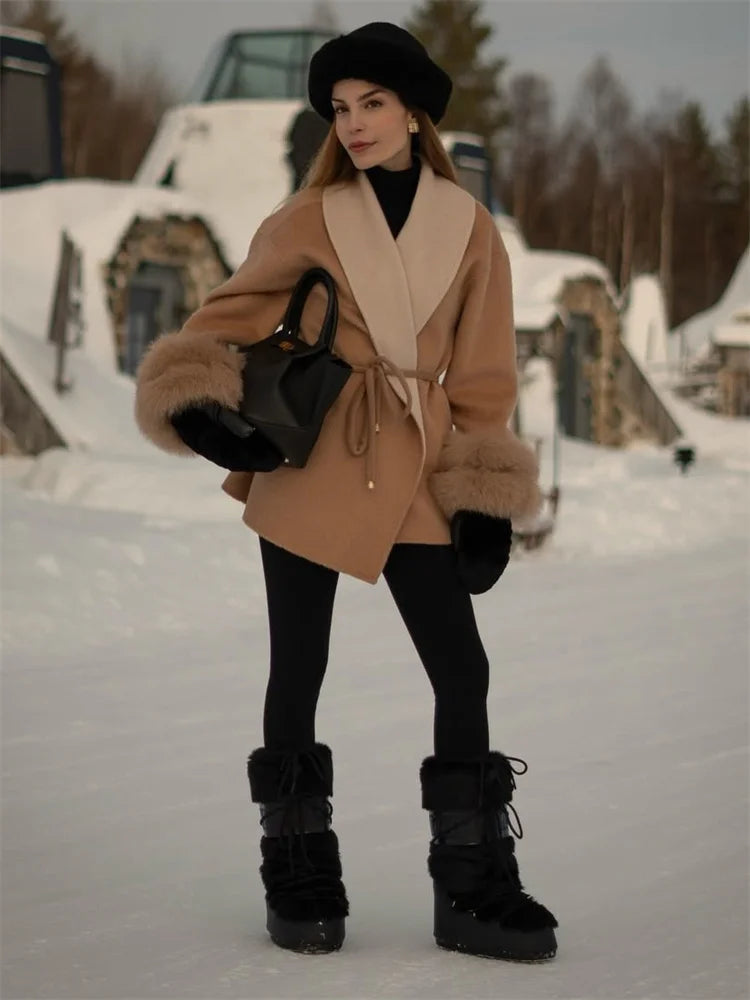 Camel faux fur coat styled for winter city walks and events