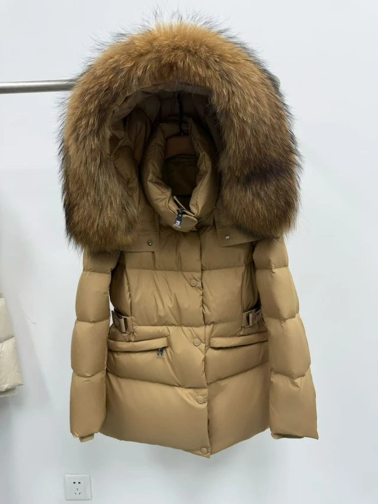 Front view of a thick camel goose down coat with fur hood.