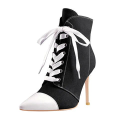 Black canvas lace-up pointed toe ankle boots with stiletto heel