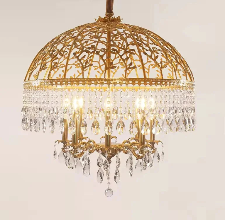Carved dome crystal pendant light with openwork brass and shimmering drops