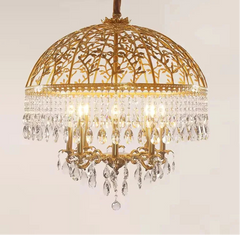 Carved dome crystal pendant light with openwork brass and shimmering drops