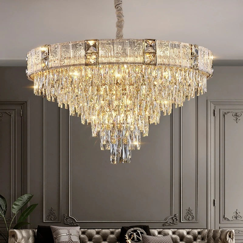 Cascading crystal drum chandelier in a modern living room