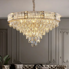 Cascading crystal drum chandelier in a modern living room