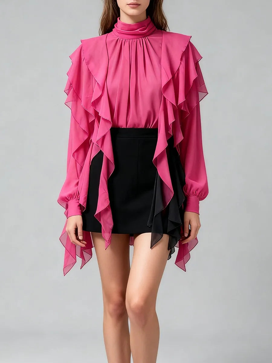 Close view highlighting cascading ruffles and fluid fringe movement through the front