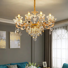 Castle-inspired crystal lighting in an elegant living room