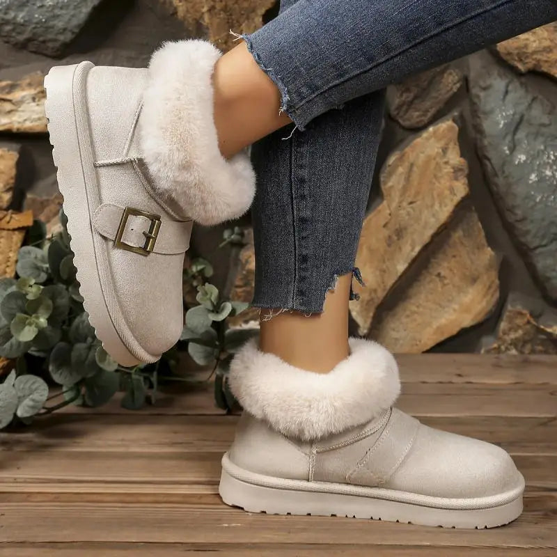 White faux suede buckle snow boots with low heel