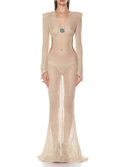 Full-length champagne openwork knit maxi dress with long sleeves and deep V neckline, finished with a central jewel detail.