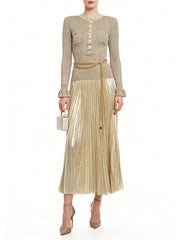 Pleated skirt dress with long sleeves designed for refined occasions