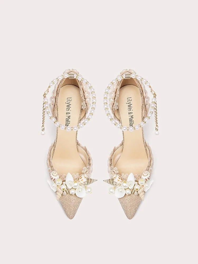 Champagne floral pearl heel sandals styled for wedding and evening looks