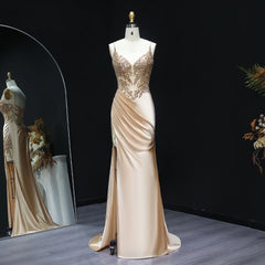 Sweetheart satin mermaid prom gown with beaded bodice on mannequin