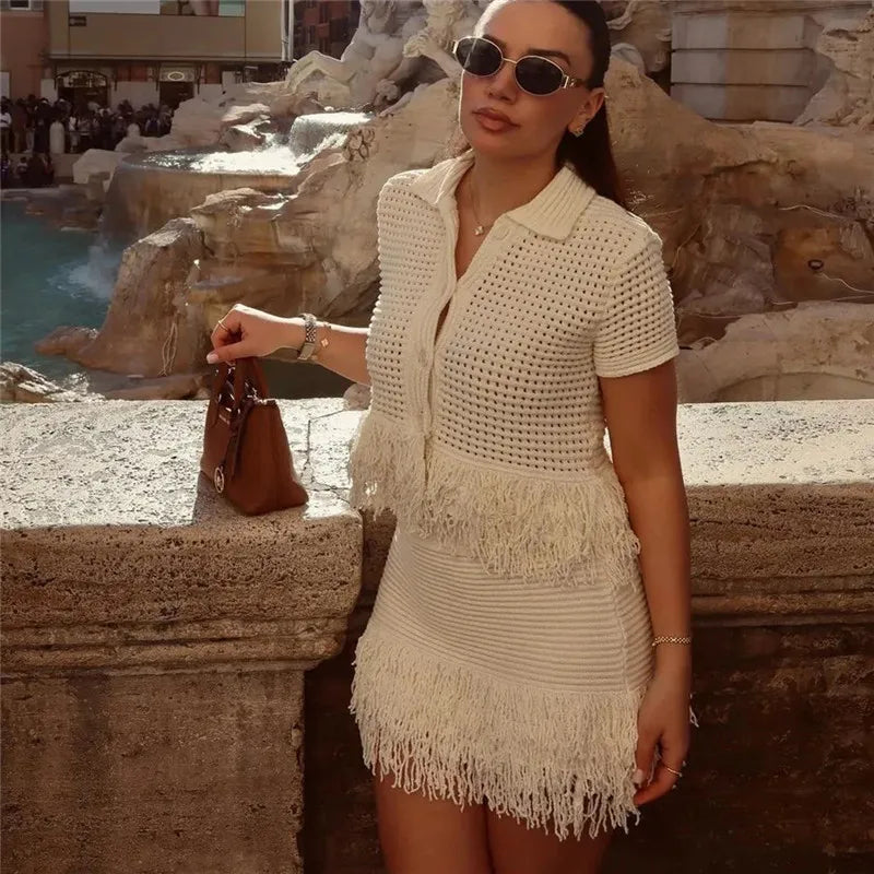 Layered mini skirt coordinated set with textured fringe and v-neck cardigan