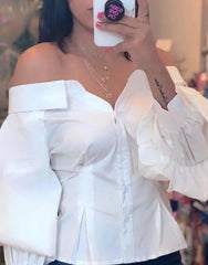 Elegant white slash neck lantern sleeve blouse