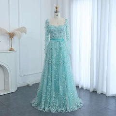Formal A-line gala dress in blue with floral embellishments