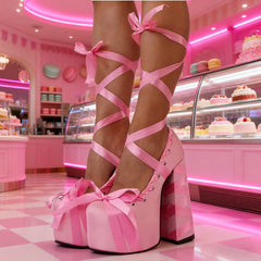 Round-toe platform pumps with ribbon-style lace detailing