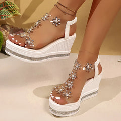 Women’s chunky platform sandals featuring sparkling crystal flowers