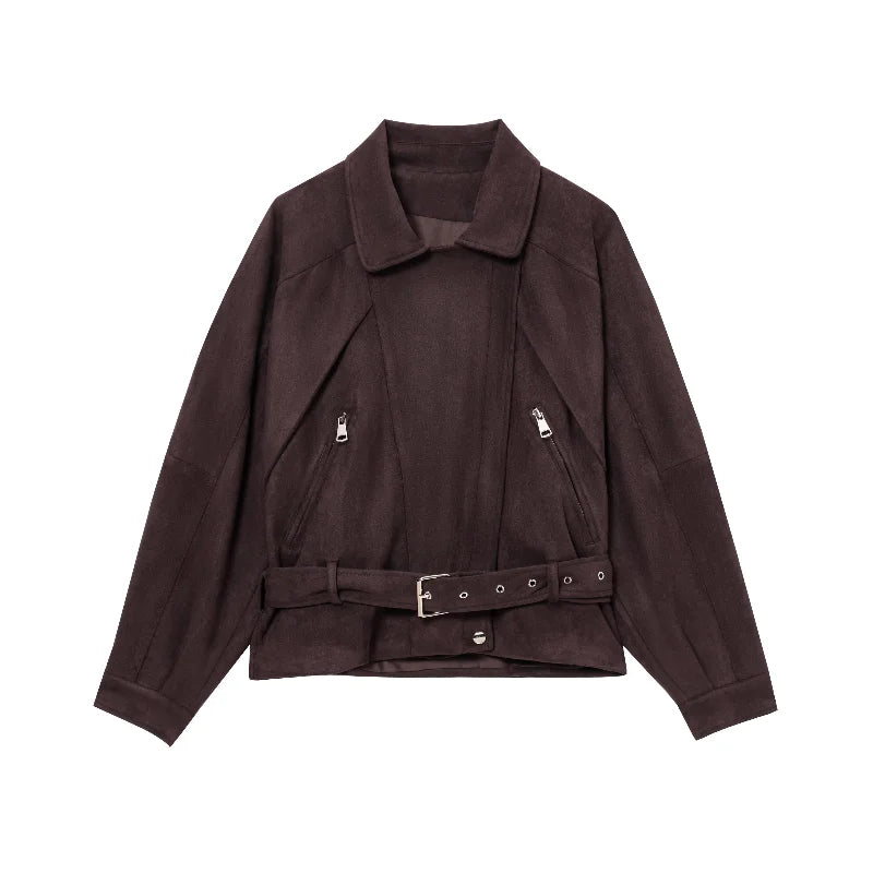 Classic belted suede jacket with turn-down collar and zip detail