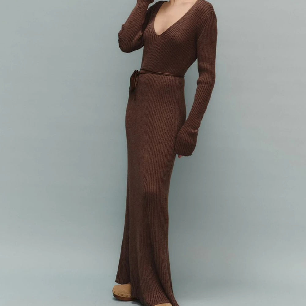 Classic brown V-neck lounge dress with a belt for modern style

