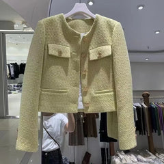 Classic beige tweed outerwear with O-neck collar