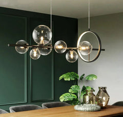 Clear orb chandelier illuminating a chic living room
