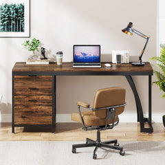 “Close-up of desk’s black steel frame and rustic wood finish”

