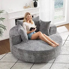 close-up of pillow back cushions and chenille texture on lounge chair
