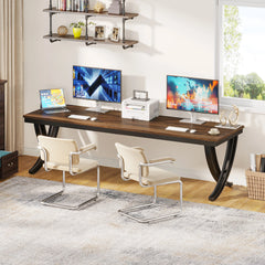 close-up of Tribesigns desk corner showing wood top and metal frame
