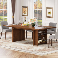 close-up of built-in storage shelf under 63 inch dining table
