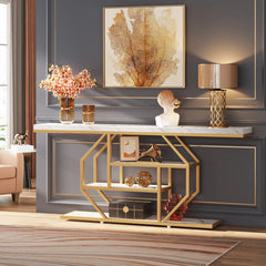 close-up of gold metal frame and smooth wood shelves
