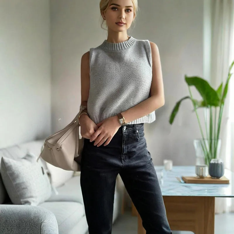 Woman in a gray sleeveless sweater and black jeans standing in a living room.