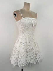 “Close-up of strapless neckline and floral lace detail”

