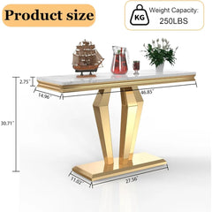 “Close-up of marble-look tabletop and diamond-shaped gold base”